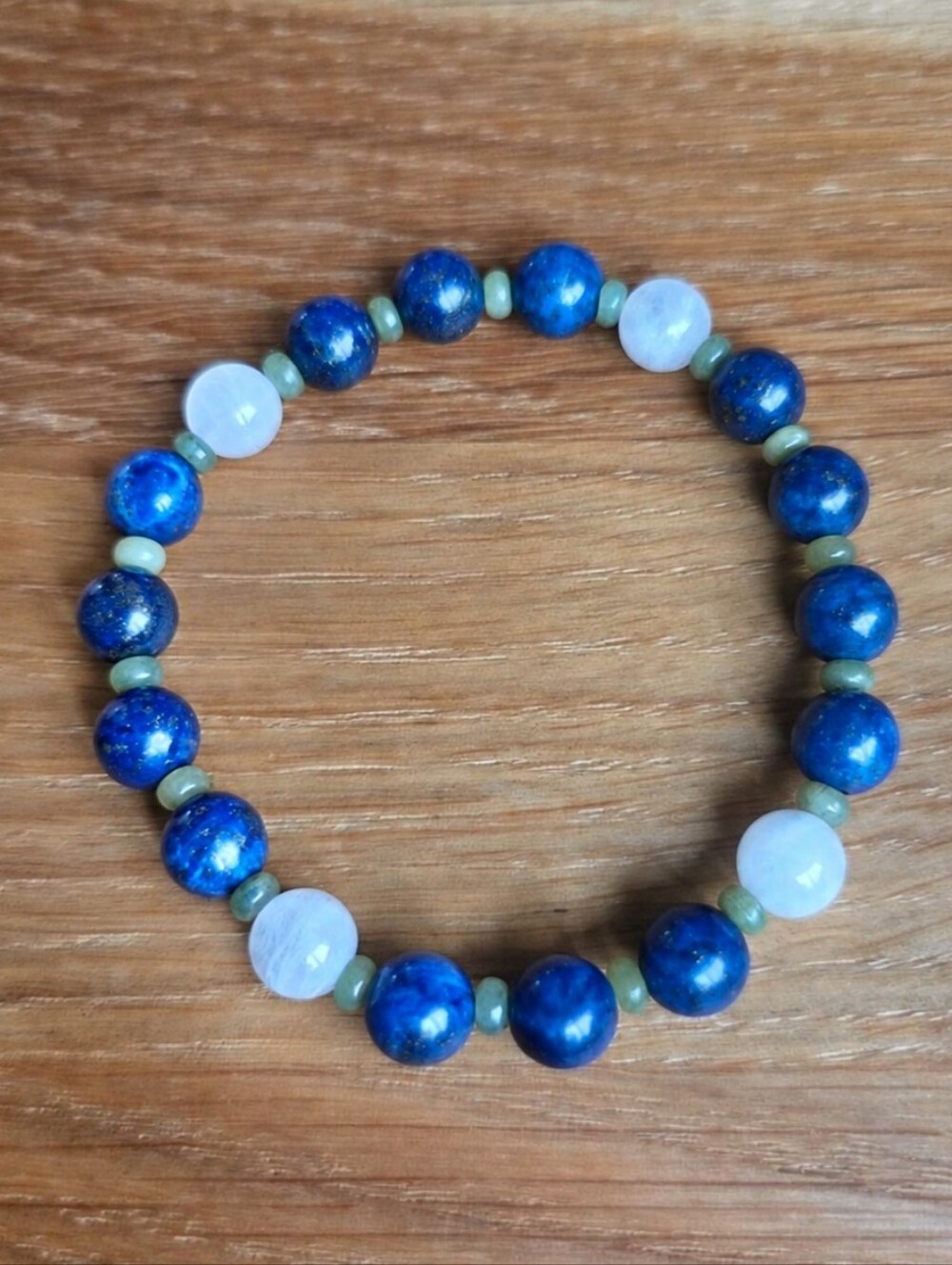 Lapis Lazula, Moonstone & Green Jade Beaded Stretch Bracelet | Handmade